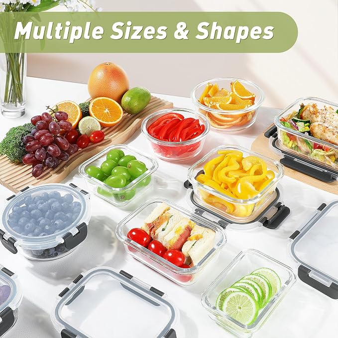 BAYZZ 30 Piece Glass Food Storage Containers Set, Glass Meal Prep Containers with Lids, Airtight Lunch Box, BPA-Free, Microwave, Freezer & Dishwasher Safe - Image 5