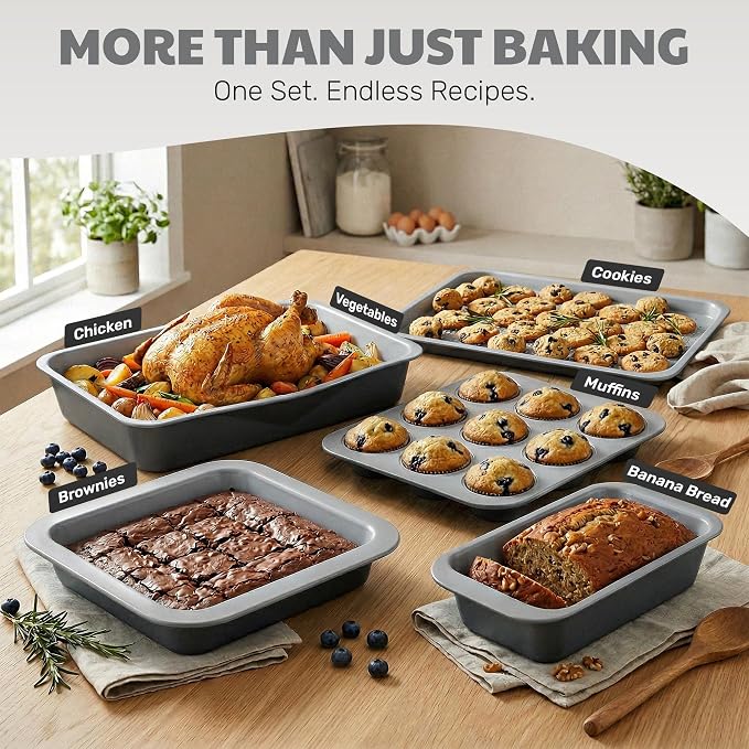 Gotham Steel 6 Pc Stackable Baking Pans Set, 70% Space Saving Design, Ceramic Bakeware Sets Non Toxic Made Without PFOA PFOS, with Cookie Sheet Tray, Cake & Muffin Pans, Oven & Dishwasher Safe - Image 7