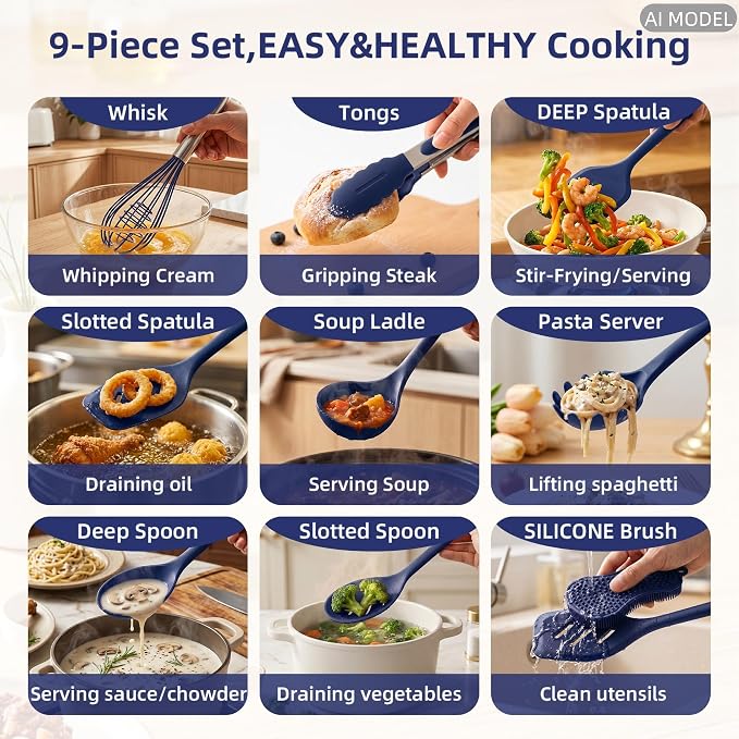 Kitchen Utensils Set,9 PCS Silicone Cooking Utensils Set Spatula Set,Tongs,Spoon,Whisk,Brush,Dishwasher Safe Kitchen Gadgets for Non-Stick Cookware,Home Essential，Kitchen Appliances(Navy Blue) - Image 2