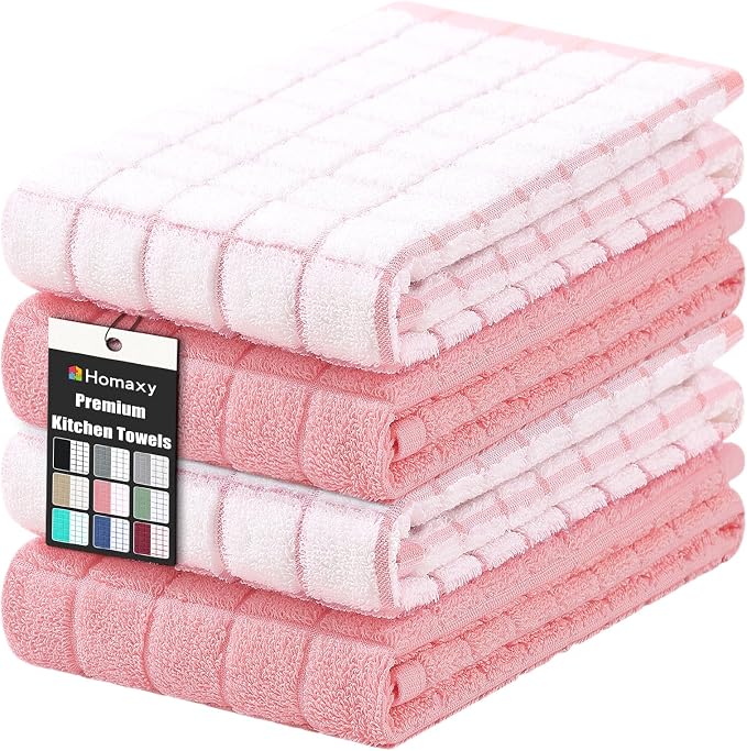 Homaxy Large Premium Cotton Kitchen Towels 16"x 28", 4 Pack, Pink | Natural Ring Spun 390 GSM Dish Towels, Super Absorbent Terry Kitchen Hand Towels, Soft Tea Towels with Hanging Loop by Homaxy
