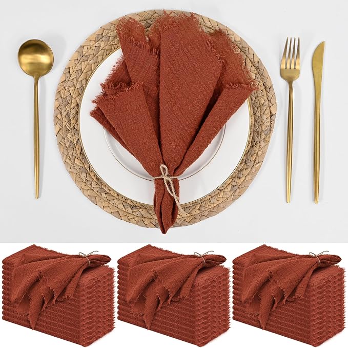 36 Pack Terracotta Cloth Napkins, 12 x 12 Inch Cotton with Fringe Settings | Handmade washable reusable cotton dinner napkins in bulk for weddings, parties, rustic boho table settings by FXKS
