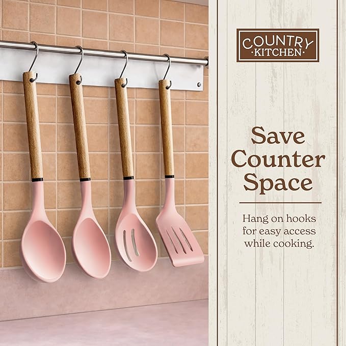 Country Kitchen Non Stick Silicone Utensil Set with Rounded Wood Handles for Cooking and Baking, 8 Piece Set, Pink - Image 8