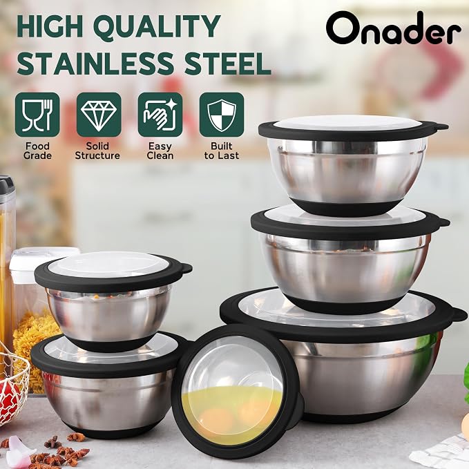 Onader Mixing Bowls with Lids Set of 6 for Kitchen, Stainless Steel Metal Nesting Bowls with Non-Slip Bottom Black - Size 1, 1.5, 2, 2.6, 3.5, 7QT - Image 5