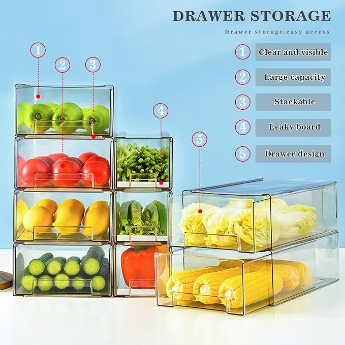 2 Pack Stackable Refrigerator Drawers Pull Out Bins Clear Fridge Drawer Organizer Food Storage Containers Plastic Veggie Fruit Produce Saver for Pantry Kitchen Freezer(M) - Image 2