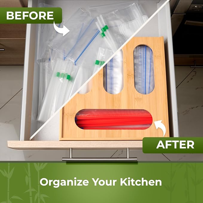 Bamboo Storage Bag Organizer for Drawer – Plastic Bag Organizer for Kitchen | Single Block Design, Quick Refill Slider – Fits Half Gallon, Quart & Snack Size Bags - Image 4