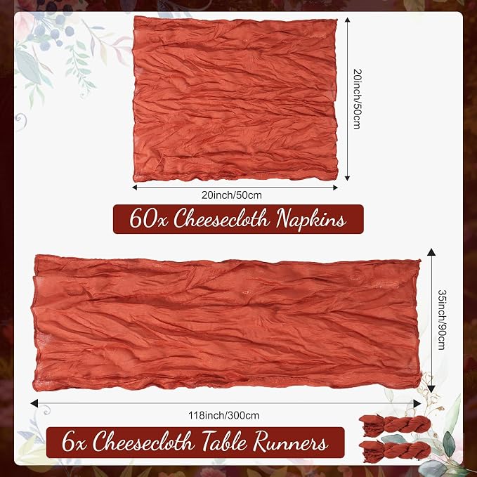 60PCS Terracotta Cheesecloth Napkins and 6PCS Table Runners Set, 19.69x19.69inch Rustic Wedding Napkins and 35x118inch Gauze Table Runner for Wedding Party Boho Table Decor - Image 2
