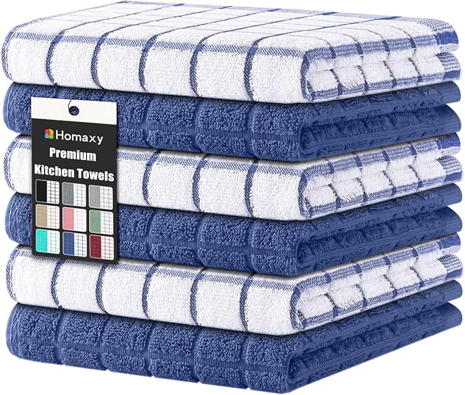 Homaxy Premium Cotton Kitchen Dish Cloths 12"x 12", 6 Pack, Navy Blue | Natural Ring Spun 390 GSM Dish Rags, Super Absorbent Terry Dish Towels, Soft Dishcloths with Hanging Loop by Homaxy