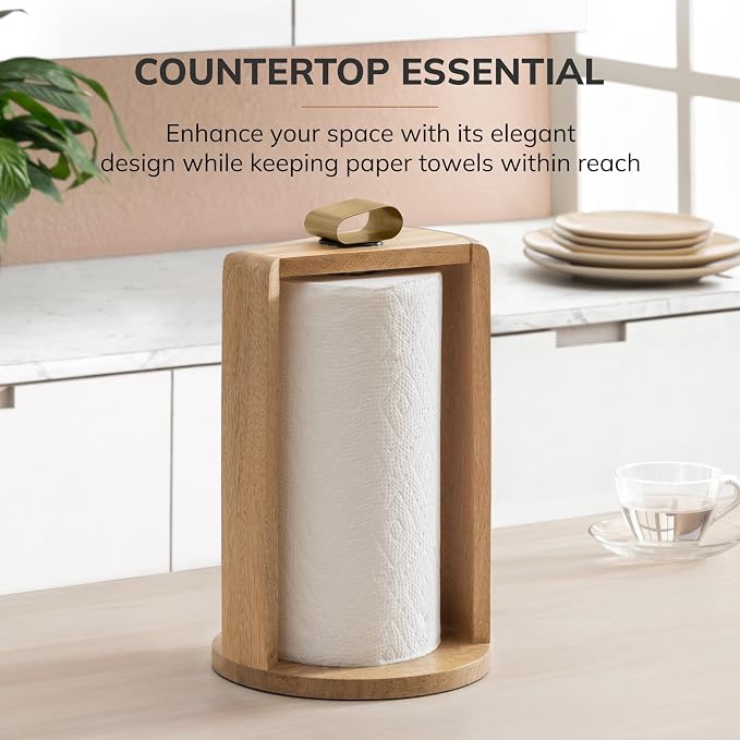 Anji Mountain Wooden Paper Towel Holder with Metal Holder, Holder Stand for Kitchen Roll Organizer & Kitchen Dining Table Home Décor, Countertop Fits Jumbo & Mega Rolls - Mango/Gold, Top Load - Image 6