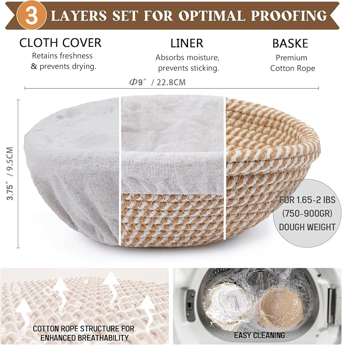 Sourdough Bread Baking Supplies, 23P Sourdough Starter Kit,30oz Sourdough Starter Jar Kit, Cotton Rope Banneton Bread Proofing Basket with Bread Lame, Scraper, Dough Whisk, Gifts for Bakers Women - Image 5
