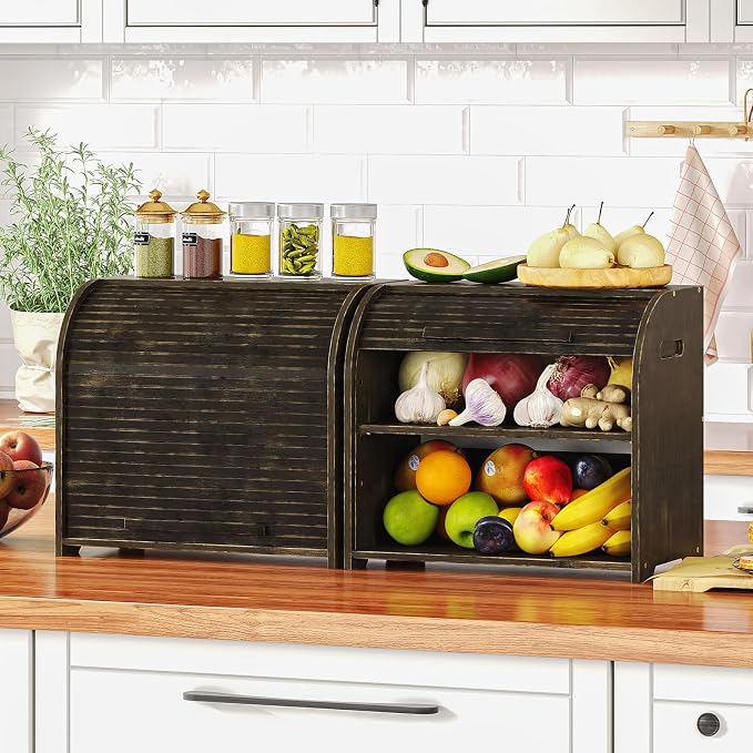 Trironsun Bamboo Roll Top Bread Box for Kitchen Countertop Large Capacity Bread Storage Bin 2 Layer Wooden Bread Storage Organizer Natural Breadbox for Food Storage (Antique Black) - Image 6