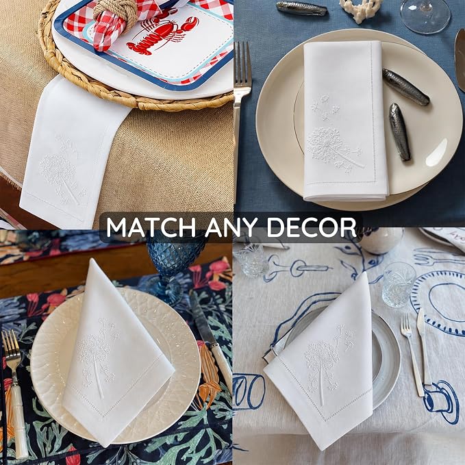 Cloth Napkins Set of 4, 20x20 inch, 100% Pure Cotton Hand Embroidered French Knot, Reusable & Machine Washable, Elegant Table Napkins for Dinner, Weddings, Parties (White Dandelion) - Image 6