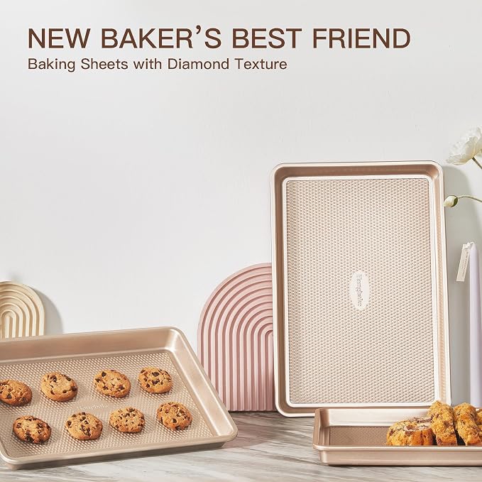 Baking Sheet Pan Set of 3, Cookie Sheets for Oven, Nonstick Half/Quarter/Jelly Roll Pans with Diamond Texture Pattern, 0.8mm Thick Heavy Duty Cookie Tray, Champagne Gold - Image 8
