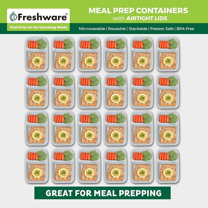 Freshware Meal Prep Containers with Lids 28 oz [25 Pack] 2-Compartment Food Storage Containers, Bento Box Lunch Containers, BPA Free, Airtight, Stackable, Reusable, Microwave/Dishwasher/Freezer Safe - Image 3