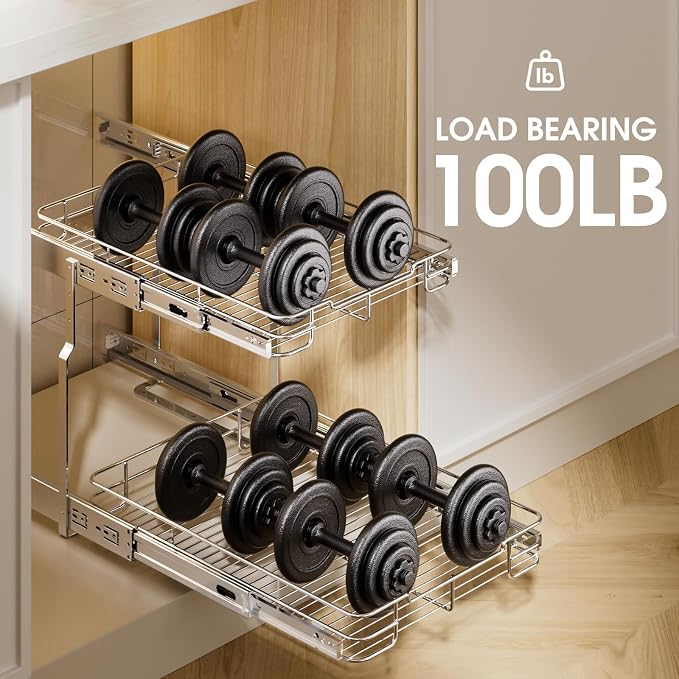 Delamu Pull Out Cabinet Organizer 2-Tier 14" W x 21" D Heavy Duty Chrome-Plated Slide Out Drawers, Kitchen Drawer Organizer Pull Out Shelves for Pots & Pans, Home Pantry Cans & Spices, Silver - Image 4