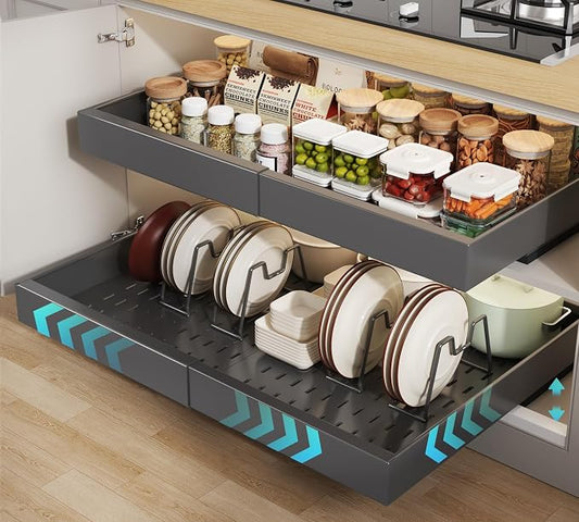 Seinloes 2 Pack Pull out Cabinet Organizer 21" Deep With Raising Pad for Framed Cabinets,Expandable (15.2"-26.3"W) Slide out Drawers for Kitchen Cabinets with 4pcs Divider Racks,Roll out Shelves,Black by Seinloes