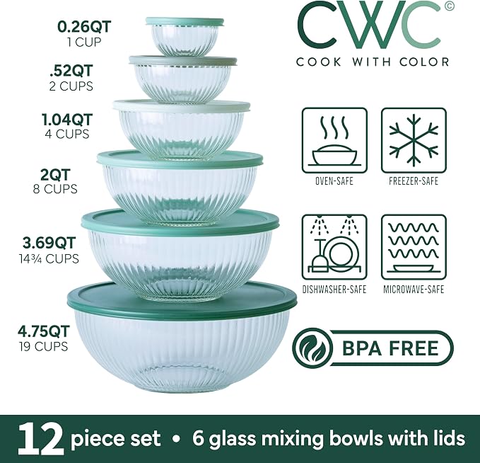 COOK WITH COLOR 12 Pc Glass Mixing Bowl Set with Lids – Borosilicate Glass Nesting Bowls for Cooking, Baking and Meal Prep, Fluted Sage - Image 3