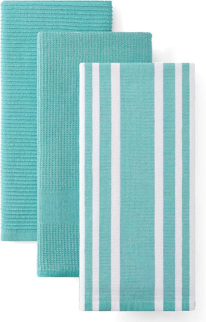 Homaxy Cotton 380 GSM Premium Kitchen Towels, 18"x 28", 3 Pack, Teal | Soft and Absorbent Terry Dish Towels, Multipurpose Tea Towel Set with Hanging Loop, 3 Styles Kitchen Hand Towels by Homaxy