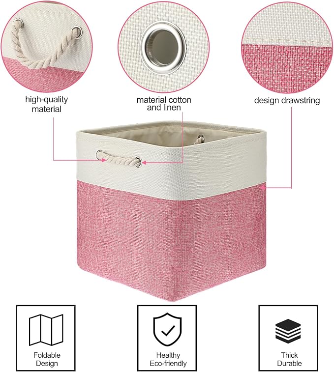 meekoo 8 Pack Collapsible Storage Bins Fabric Storage Bins Polyester Fabric Baskets with Handles Linen Closet Organizer for Shelf Home Closet Towels Toys(12 x 12 x 12 in,Pink White) - Image 6