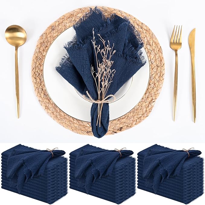 36 Pack Navy Blue Cloth Napkins, 16 x 16 Inch Cotton with Fringe Settings | Handmade washable reusable cotton dinner napkins in bulk for weddings, parties, rustic boho table settings by FXKS