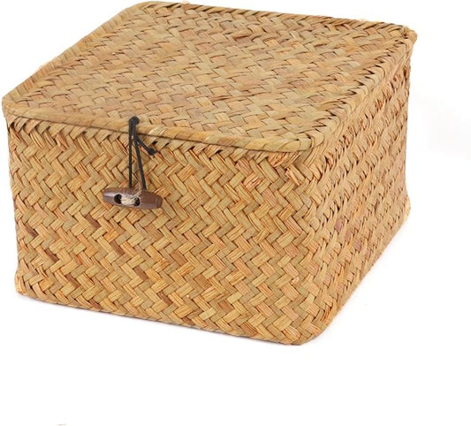 Moosky Wicker Shelf Baskets with Lid, Handwoven Seagrass Storage Basket Bins Square Gift Boxes for Shelves Home Decor Organizer (Natural, X-Small) by Moosky