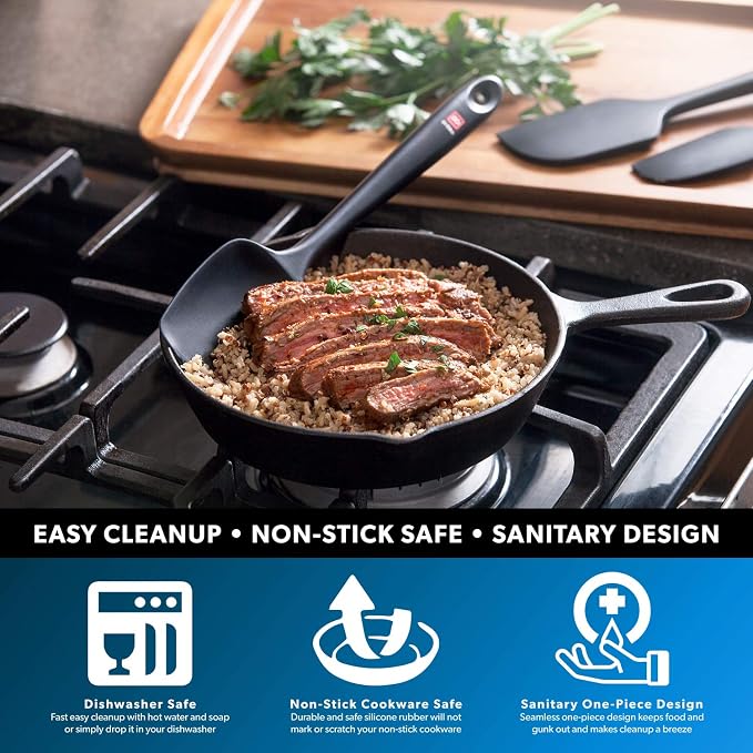 DI ORO Seamless Series 7-Piece Silicone Utensil Kitchen Set - 600°F Heat-Resistant Rubber Cooking and Baking Tools - Food Grade, BPA Free, and LFGB Certified Silicone - 5 Spatulas and 2 Spoons (Black) - Image 8