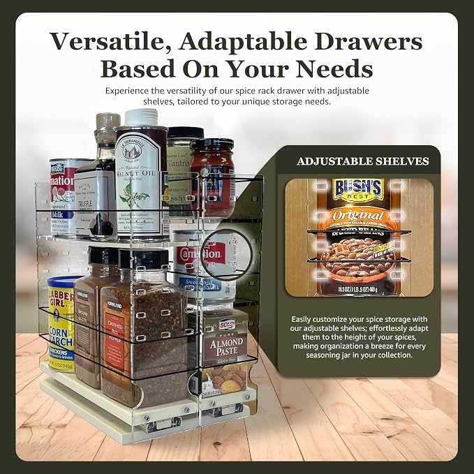 Adjustable Spice Rack Drawer - Pull Out Cabinet Organizer - Kitchen and Pantry Organizers and Storage - Spice Caddy - 2 Drawers, 3 Upper Tier (6.9" W x 11.25" H x 10.6" D, Cream) - Image 3