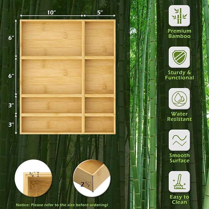 Bathroom Drawer Organizer Trays, Bamboo Silverware Drawer Organizer Kitchen Utensils, 8 PCS Wood Box Stackable Bins for Makeup, Office Desk, Vanity, Junk Drawer - Image 2