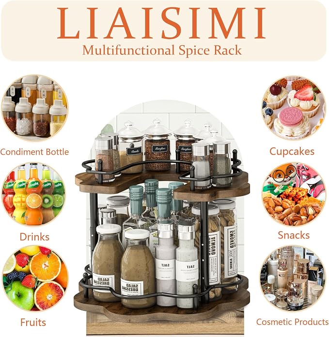 2 Tier Lazy Susan Organizer,2-Tier Spinning Spice Rack with Stable Carousel Base & 4 Height Settings for Cupboard Kitchen Countertop Dining Table Cupboard (Petal Shape) - Image 2