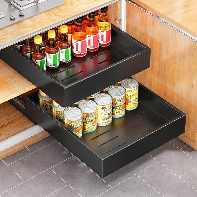 4 Pack Pull out Cabinet Organizer, 21"Deep, Heavy Duty Full-extension Slide out Drawers for Kitchen Cabinet, Roll out Shelf Storage with Nano Adhesive for Pots, Bathroom, Pantry, Home, Black by Kitstorack