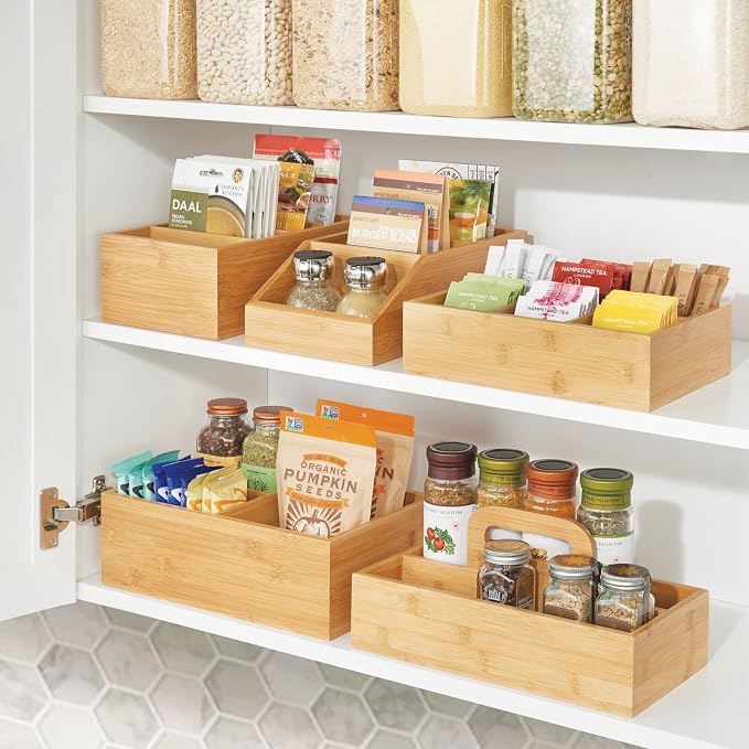 mDesign Bamboo Wood Compact Food Storage Organizer Bin Box - 4 Divided Sections - Holder for Seasoning Packets, Pouches, Soups, Spices, Snacks - Natural - Image 8