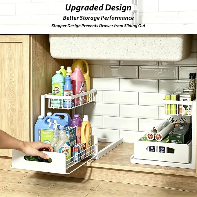 2 Pack Upgraded Under Sink Organizer, 2 Tier Pull out Kitchen Cabinet Organizer Metal Slide out Bathroom Organizers and Storage Makeup Drawer Organizer for Office Bedroom Restroom Living Room, L-White - Image 5