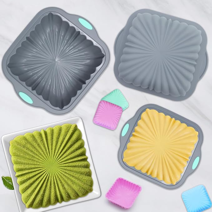 44 Pieces Silicone Square Cake Pans Set, 3 Sizes Silicone Fluted Cake Pan with Reusable Baking Cups, Food Grade Baking Molds for Brownie, Bread, Muffin, Light Grey - Image 2