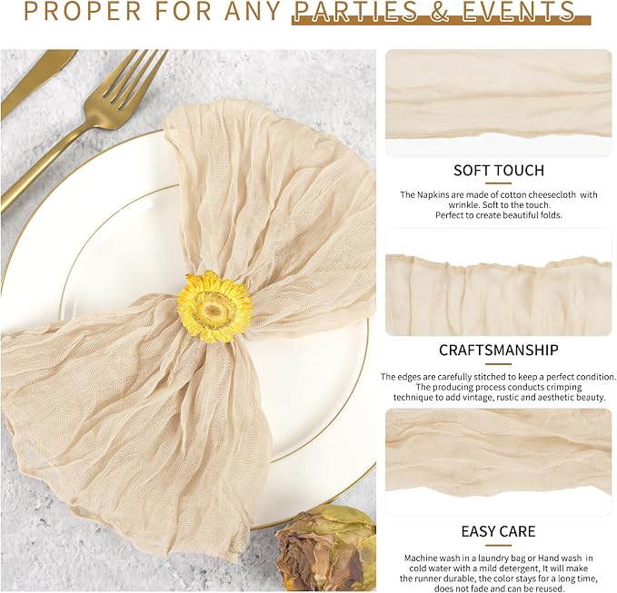 42 Packs Gauze Cheesecloth Napkins 20 x 20 Inch Beige Wrinkled Dinner Napkins, Light Brown Rustic Boho Soft Cloth Napkin for Wedding Party Event Dinner Table Decoration - Image 3