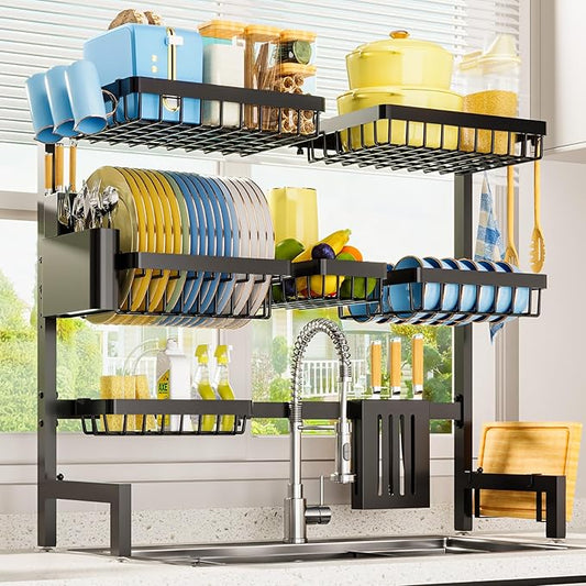 Sakugi Dish Drying Rack Over The Sink, Dish Drainer for Kitchen Counter | Stainless Steel Storage Organizer with Utensil Knife Holder & Hooks, Adjustable 11.8"Dx31.5"~39"Wx30"H, Black by Sakugi