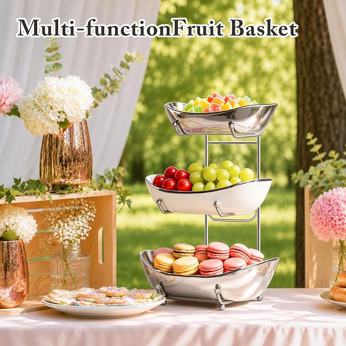 3 Tier Fruit Basket for Kitchen Counter, Detachable Ceramic Fruit Bowl Set with Metal Stand, Tiered Fruit Holder for Fruit Vegetable Dessert Storage, Countertop Organizer for Home, Silver - Image 3
