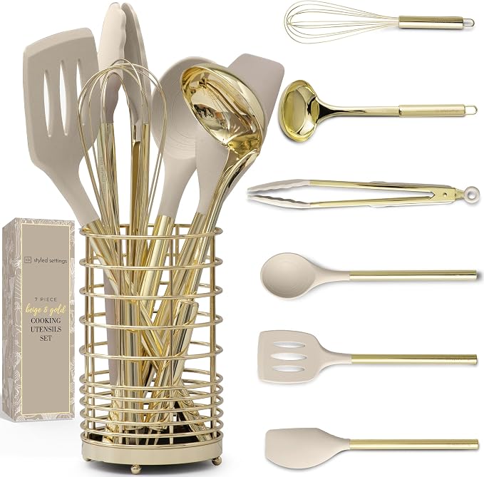 Styled Settings Beige & Gold Kitchen Utensils Set, 7-Piece | Silicone Cooking Utensils for Cooking, Serving, & Hosting - Ideal for Nonstick Cookware, with Gold Utensil Holder by STYLEDSETTINGS