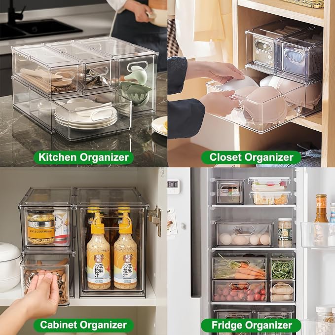 Taiuloo 2 Pack Stackable Refrigerator Organizer Bins with Pull-Out Drawer, Clear BPA-Free Food Storage Containers for Fridge Freezer, Kitchen Pantry Cabinet & Bathroom Vanity Organization - Image 6