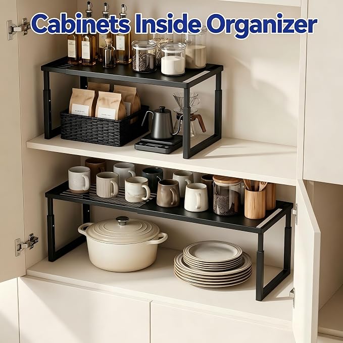 2 Packs Expandable Cabinet Shelf Organizer, Stackable Countertop Shelves | 15.8''- 25.5'' In Cabinet Shelf, Adjustable Kitchen Cabinet Organizer for Pantry Organizer, CupBoard Organizers and Storage - Image 4