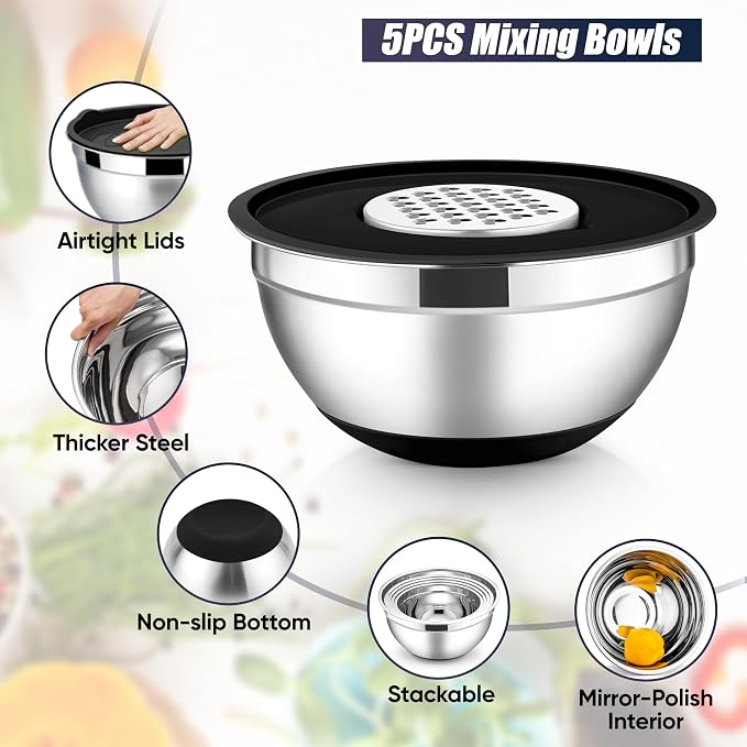 E-far Stainless Steel Mixing Bowls with Lids Set, 5-Piece Nesting Salad Bowls with 3 Grater Attachments and Non-Slip Bottoms, Size 4.6, 2.6, 2, 1.5, 1QT for Kitchen (Black) - Image 3