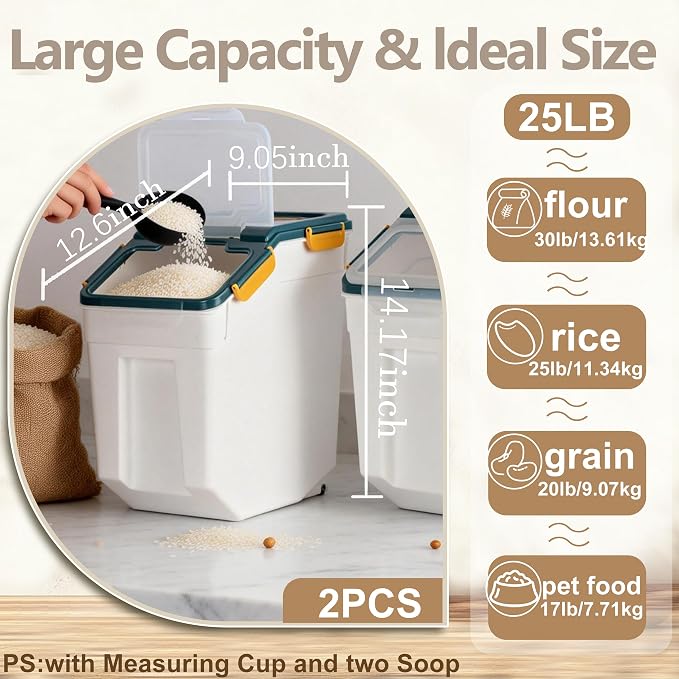RUIAN Large Airtight Storage Container,25lb Flour Rice Storage Containers Bin with Wheels Seal Locking Lid, with Measuring Cup&Scoop for Flour, Rice, Grain (25lbt Blue,4PCS) - Image 2