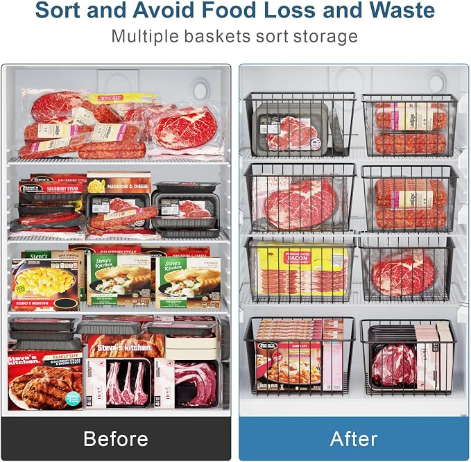 Freezer Organizer Bins - For 16 Cu Ft Upright Freezer, 6 Pack White | Wire Baskets 3 Large & 3 Medium Sizes, Slide-Out for Easy Access, Prevent Food Falling Out, Keep Stand-Up Freezer Organized - Image 2