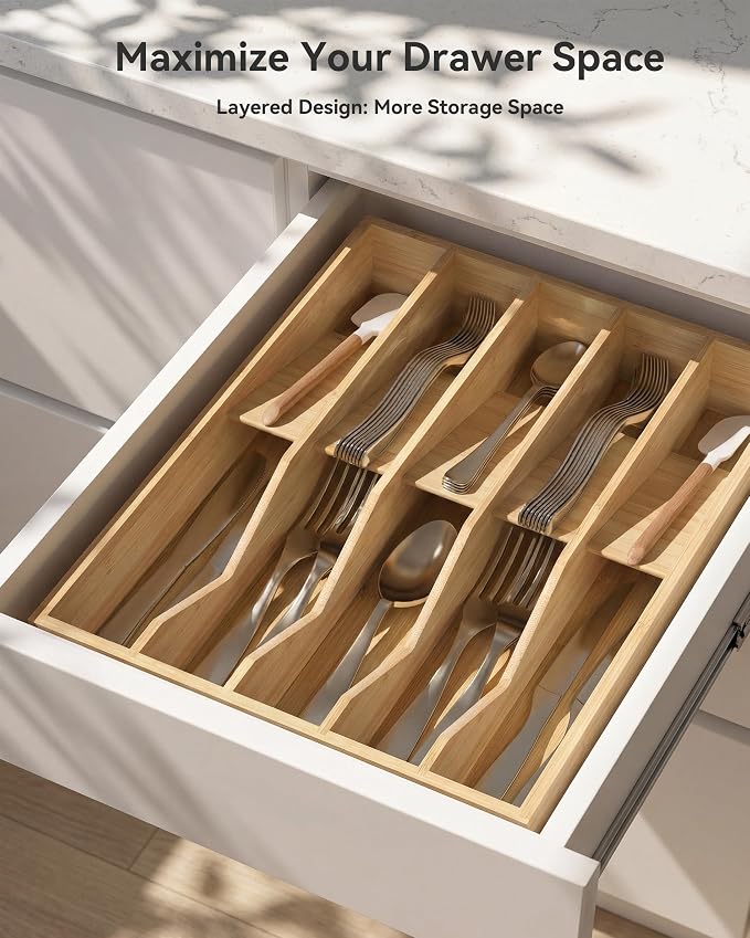 Utensil Drawer Organizer for Silverware,Bamboo 10 Slot | V-Groove & Anti-Slip Blocks, Vertical Storage,16" D x 12.3" W x 2.25" H, Cutlery Holder Dividers for Spoons Forks Knives - Image 7