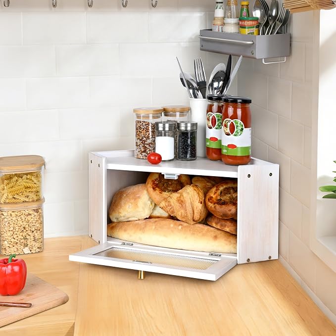 Bread Box for Kitchen Countertop with Acrylic Window White | Farmhouse Bread Storage Container, Large Pantry Organizers for Homemade Snacks, Loaves, Breathable Keeps Bread Fresh - Image 4