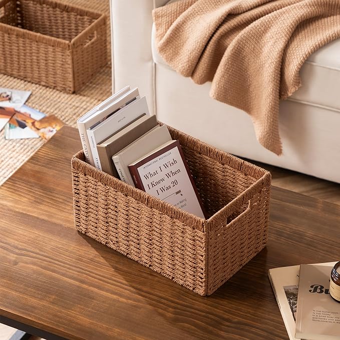 UBBCARE 4 Pack Wicker Basket, 13.4L×8.3H×7.1W inch Woven Paper Rope Storage Baskets for Shelves, Foldable Rectangular Storage Baskets with Handle, Storage Basket for Organizing, Caramel - Image 6