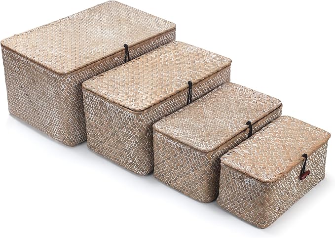 Wicker Basket with Lid, Seagrass Storage Basket, Woven Decorative Storage Baskets for Shelf Organizing, Whitewash by XIMISISE