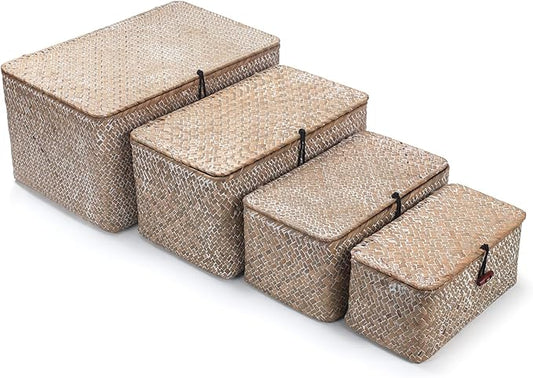 Wicker Basket with Lid, Seagrass Storage Basket, Woven Decorative Storage Baskets for Shelf Organizing, Whitewash by XIMISISE