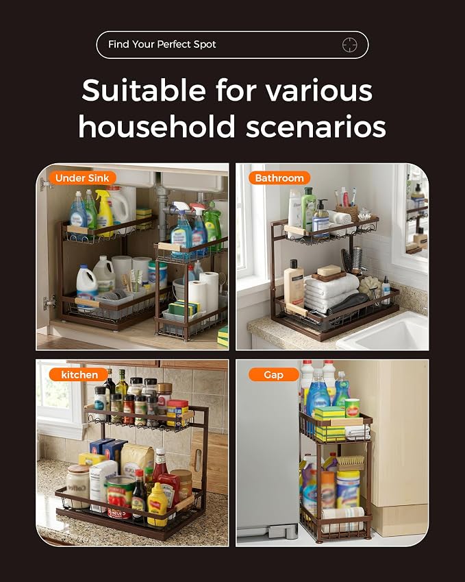 3-Pack 2-Tier Height Adjustable Under Sink Organizer, Brown | Multi-purpose metal storage shelf with sliding shelves for kitchen, bathroom, pantry & laundry cabinet - Image 8