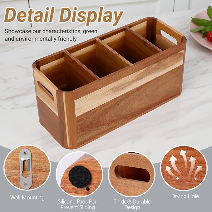 2PC Wooden Kitchen Utensil Holder for Countertop - Wall-mountable Large 4+3 Compartment Acacia Wood Organizer, Rustic Minimalist Utensil Crock for Cooking Tools and Flatware Storage - Image 3