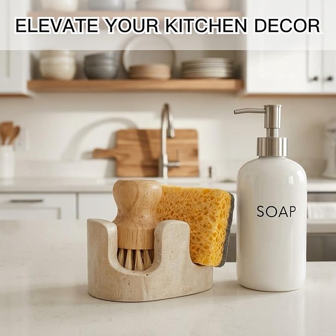 Travertine Sponge Holder for Kitchen Sink, 2-in-1 Sponge & Brush Holder, 2 Slot Natural Stone Sink Caddy for Countertop, Keeps Countertops Dry, Non-Slip Base, Elegant Kitchen Decor, Beige - Image 8