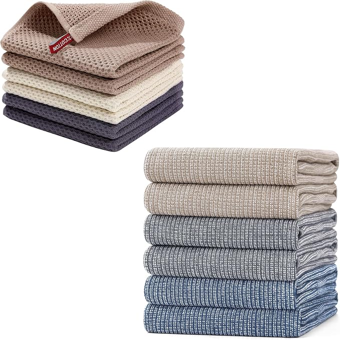 Homaxy 6-Pack Waffle Weave Kitchen Dish Cloths(12x12 Inches) and Flat and Terry Dish Towels(18”x 28”, 6 Pack), Large Cotton Kitchen Hand Towels by Homaxy